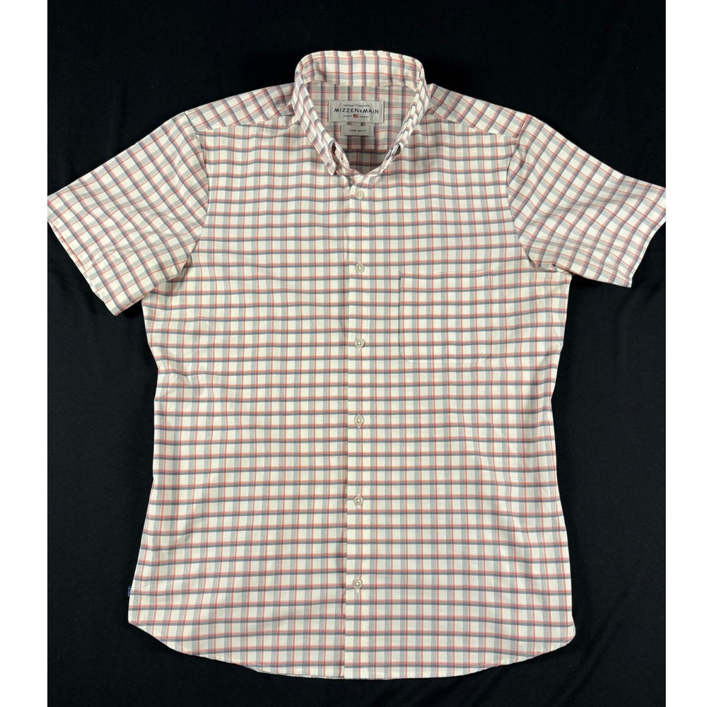 Mizzen and Main Mens Large Trim‎ Fit Plaid Short Sleeve Performance Shirt White